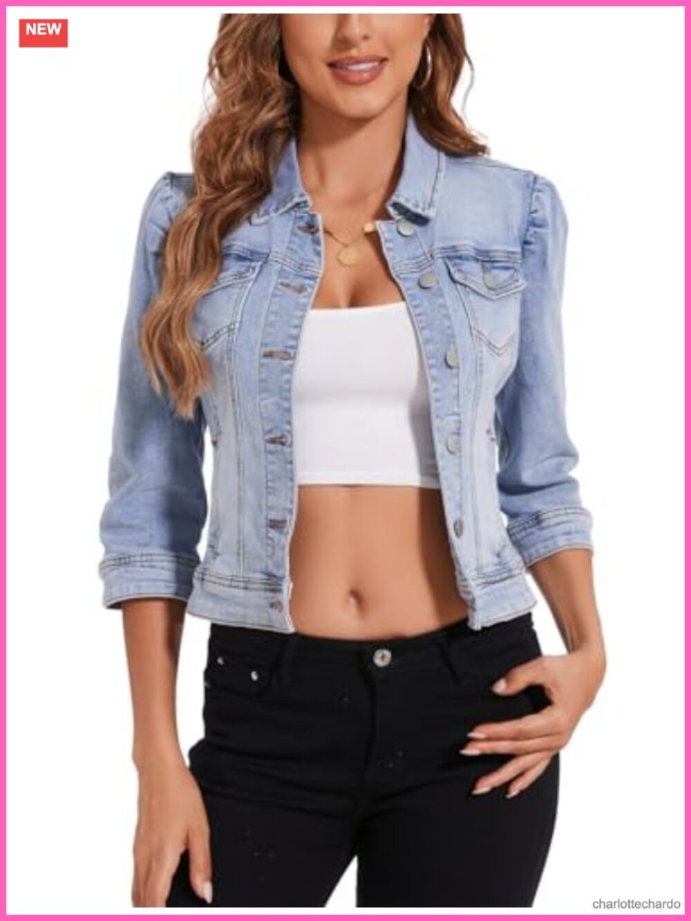Women's Stretchy Cropped Denim Jacket with Puff Sleeves
